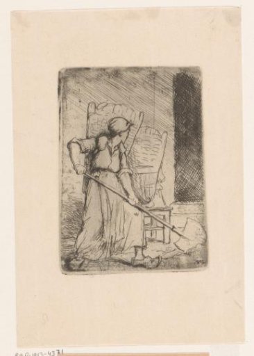 Woman in clogs with a shovel and a basket on her back