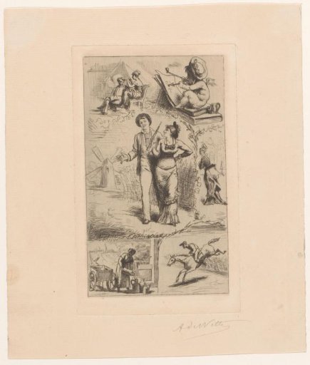 Couple walking by a mill surrounded by various scenes