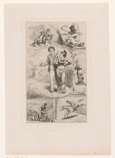 Couple walking by a mill surrounded by various scenes