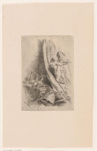 Cupid with arrow and bow at a dressing table