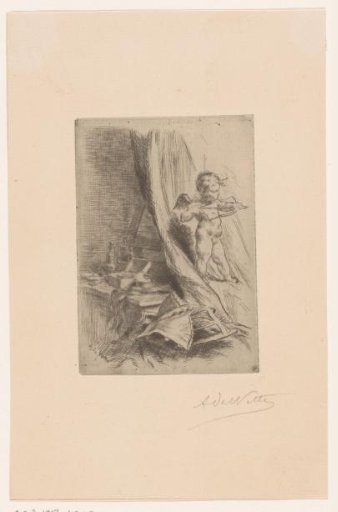 Cupid with arrow and bow at a dressing table