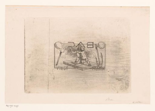 Two putti with dice game, a torch and an anchor
