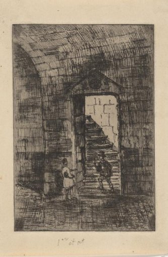 Two figures by a staircase