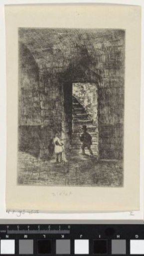 Two figures by a staircase