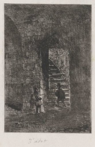 Two figures by a staircase