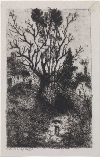 Landscape with thatched house and walking figure