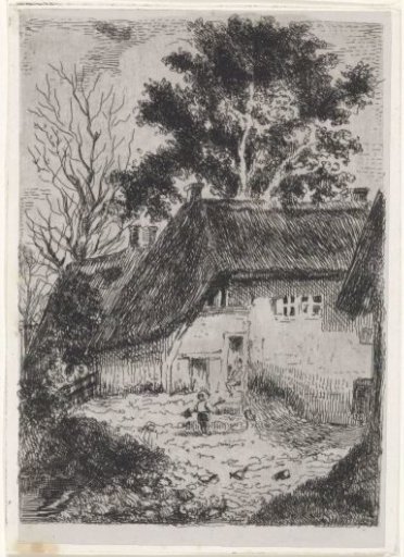Child with shovel in front of a farm