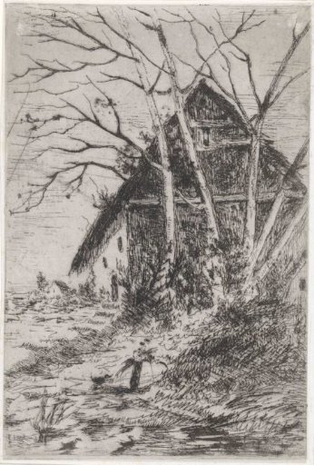 Hut under bare trees