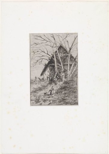 Hut under bare trees