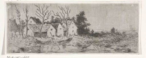 Water landscape with houses and bare trees on the shore