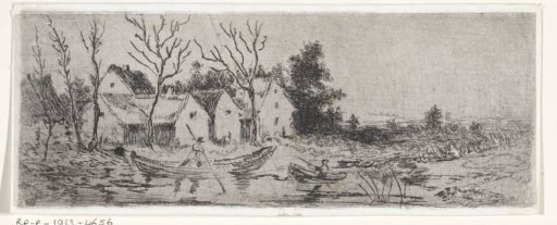 Water landscape with houses and bare trees on the shore