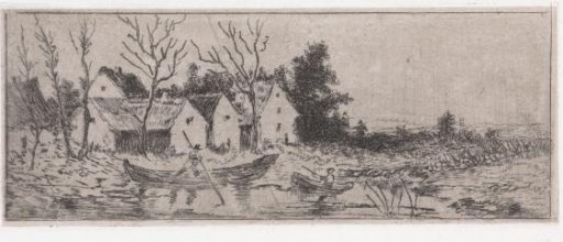 Water landscape with houses and bare trees on the shore