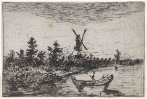 Landscape with mill and boat