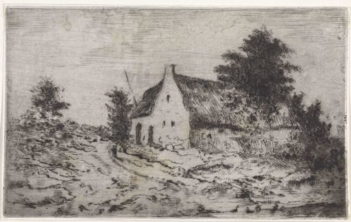 Landscape with farm and pond with ducks