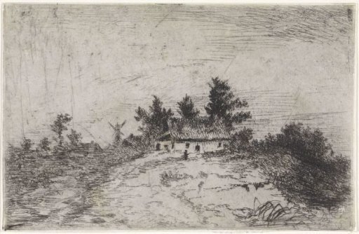 View of a thatched house and nearby mill