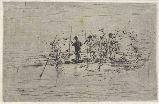 Figures with fishing poles on a floating jetty
