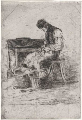 Seated man peeling potatoes
