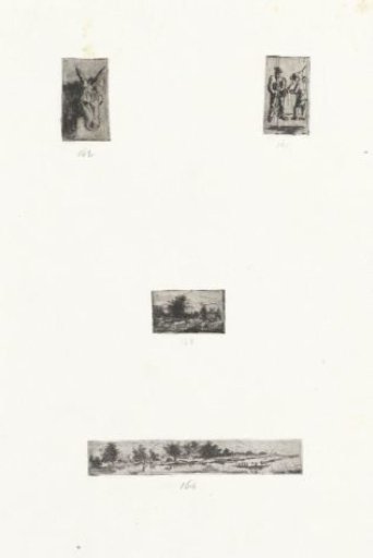 Sheet with four prints with figures and landscapes