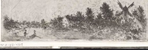Landscape with water, mill, house and rowing boat