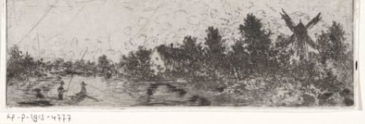 Landscape with water, mill, house and rowing boat