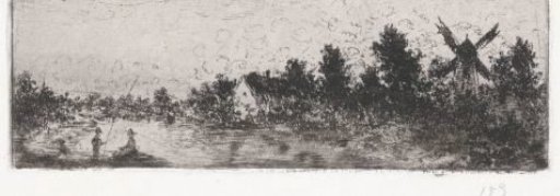 Landscape with water, mill, house and rowing boat
