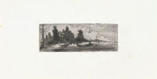 River landscape with a boat and a leafless tree on the left in the foreground
