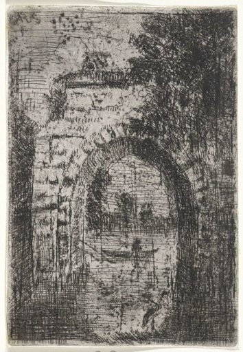View from under a bridge with rowboat and heron