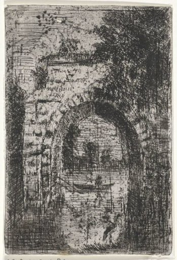 View from under a bridge with rowboat and heron