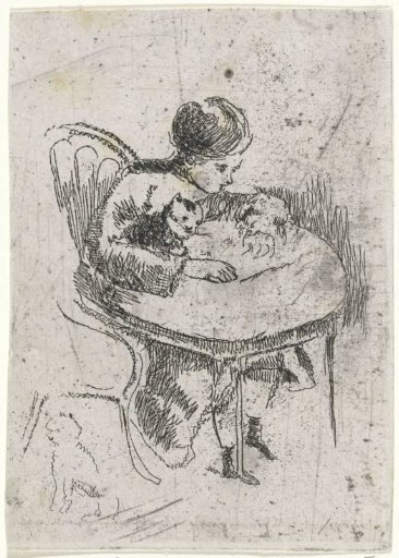 Girl with a cat at the table