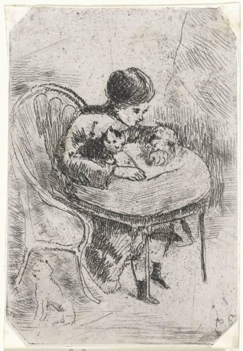 Girl with a cat at the table