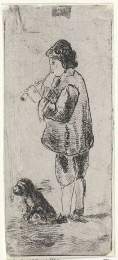 Boy playing the flute with a dog