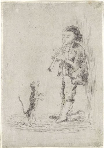 Boy playing the flute and a dog
