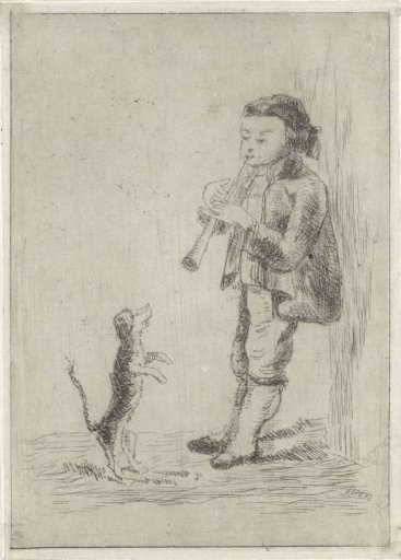 Boy playing the flute and a dog