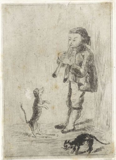 Boy playing the flute and a dog