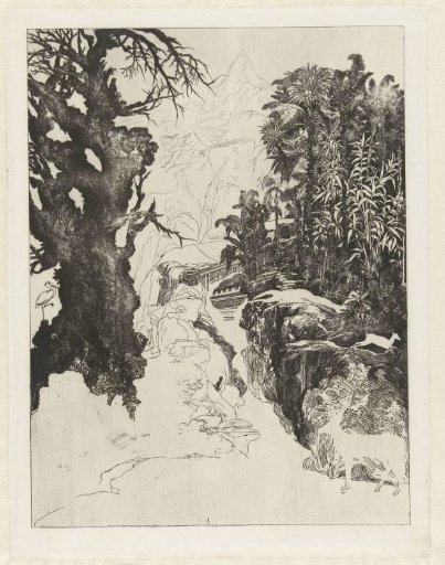 Unfinished mountain landscape with tree and animals