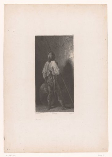 Soldier with spear and shield on guard at a window