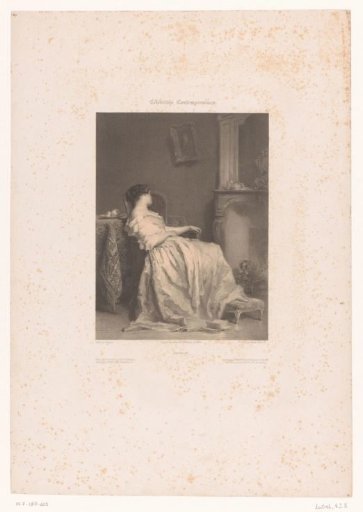 Seated sleeping woman by the fireplace