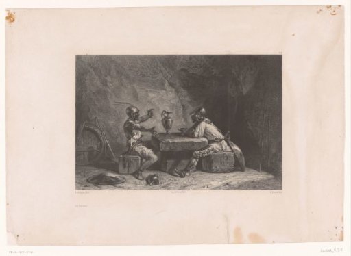 Two soldiers sitting in a cave drinking