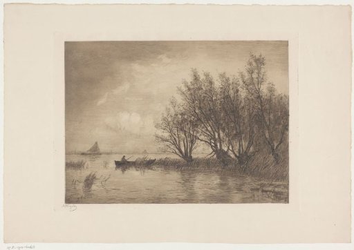 River landscape with rowboat and trees