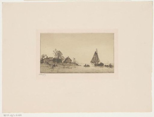 River landscape with sailing boat and two rowboats