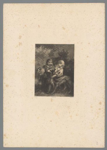 Two children with a parrot and a dog