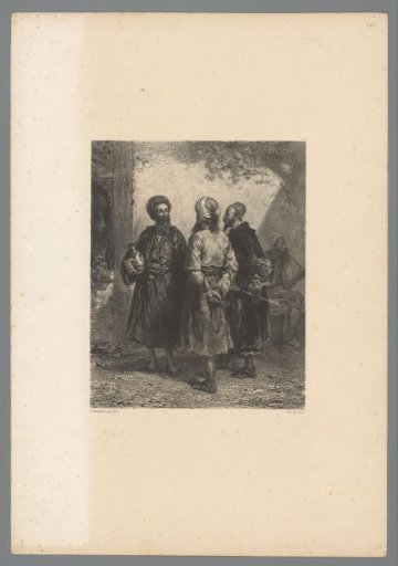 Three Jewish men with caps and turbans conversing outside
