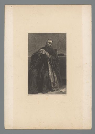 Venetian senator in a wide, dark cloak reading a note
