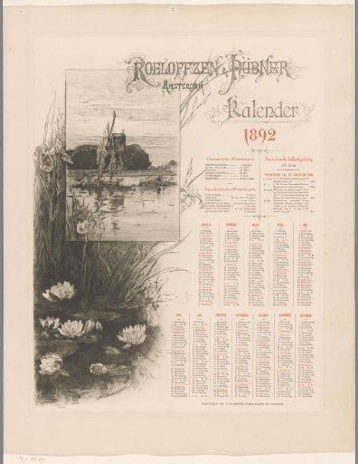 Calendar of the printing office Roeloffzen & Hübner with mill and water lilies, 1892