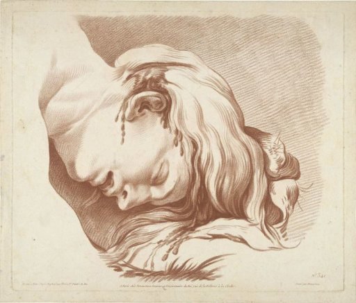 Head of a figure lying on the ground with a bleeding wound