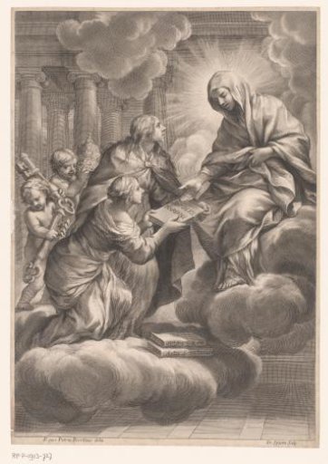 The Enthroned Virgin Mary receives three books