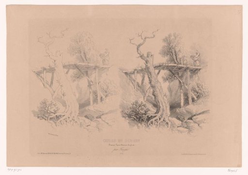 Woman stepping onto a wooden bridge over a chasm