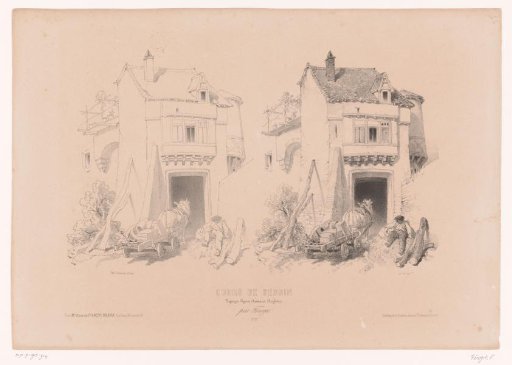 Wagoner with horse and cart resting by a gate