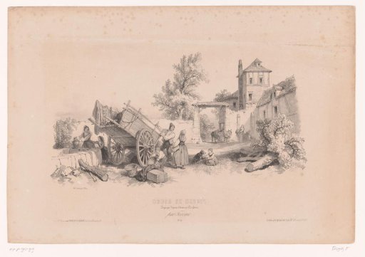 Farmhouse with well, hay wagon and various figures