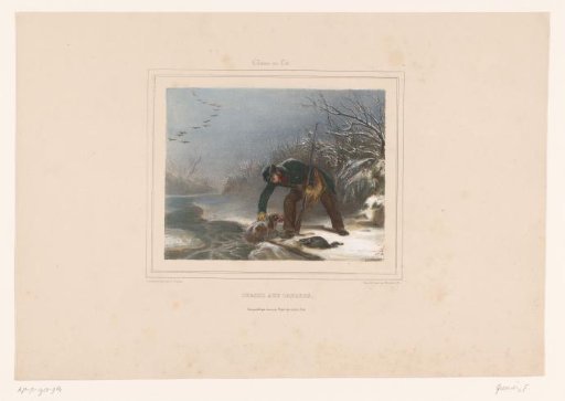 Hunter with Hunting Dog and Dead Duck in the Snow